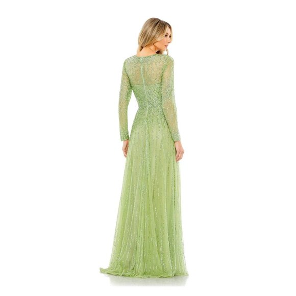 MAC DUGGAL Green Illusion High Neck Long Sleeve Embellished Gown Sage Size US 6 - Picture 16 of 16
